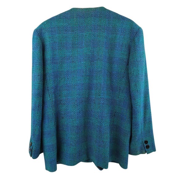 Ann May VTG Silk Blazer Teal Green Sz 14 '80s Shoulder Pads Faux Pockets - Picture 2 of 12